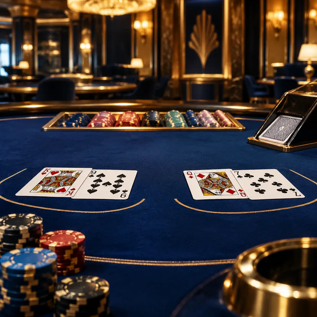 Kartu dan chip di meja baccarat bernuansa biru malam