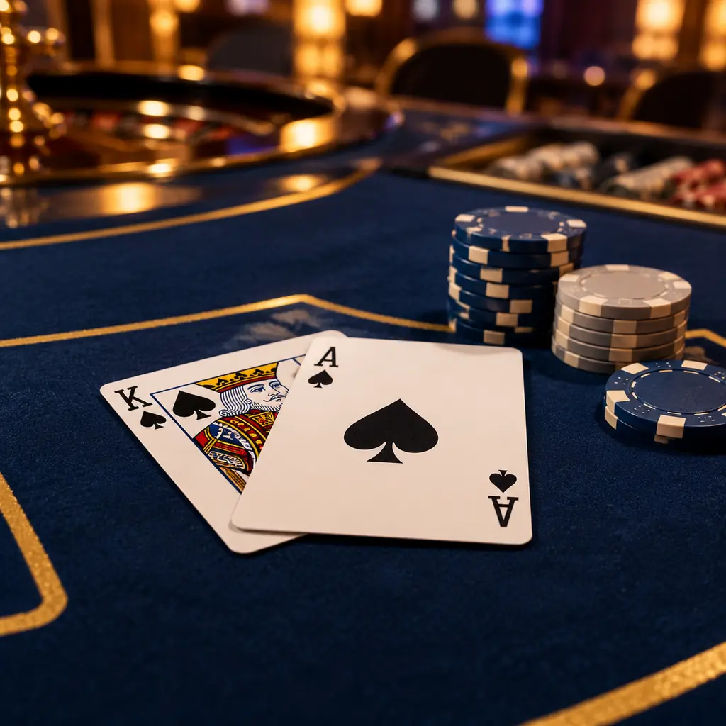 Kartu as dan kartu bergambar di meja blackjack dengan chip