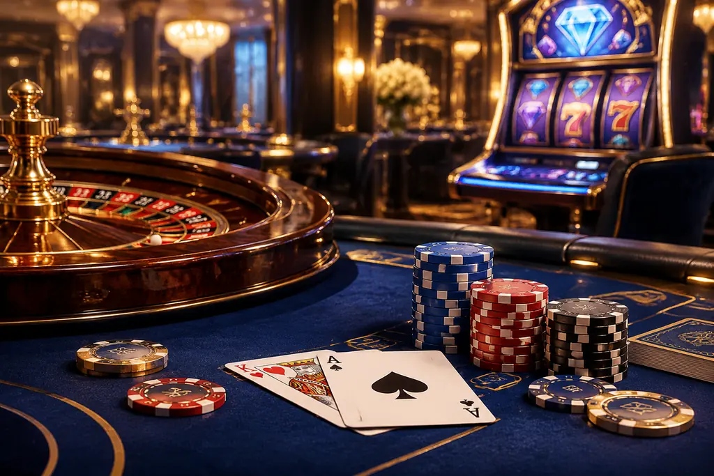 Meja kasino dengan kartu, chip dan mesin slot di latar belakang