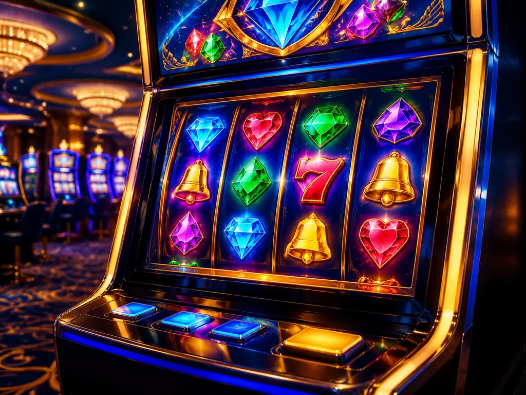 Panel mesin slot dengan simbol batu permata berwarna di ruang kasino