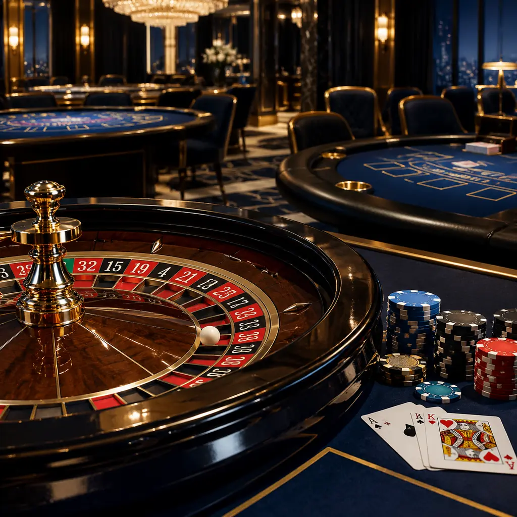 Meja roulette dan meja kartu di ruang kasino bernuansa biru malam dan emas