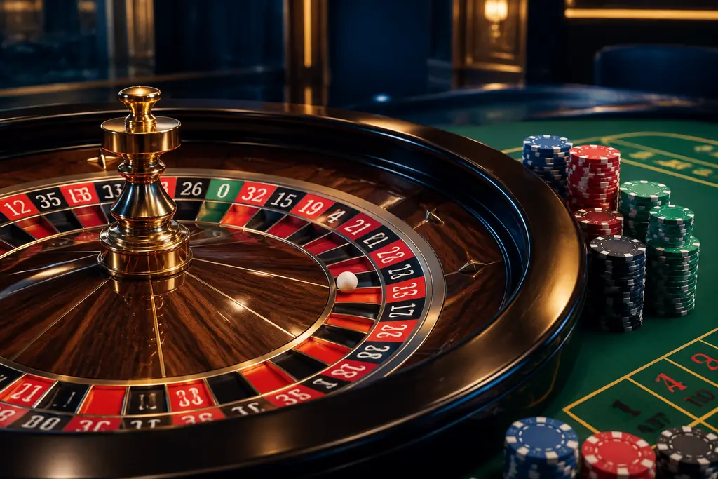 Roda roulette dengan bola putih dan chip di meja kasino