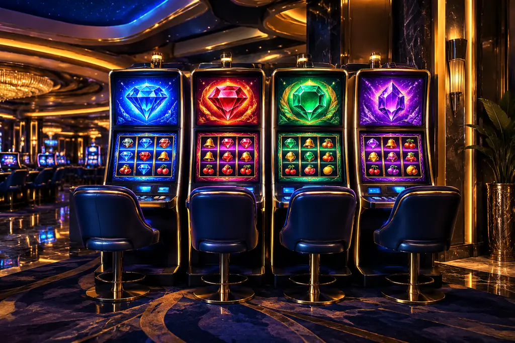 Deretan kabinet slot dengan layar berwarna dan kursi kosong di kasino