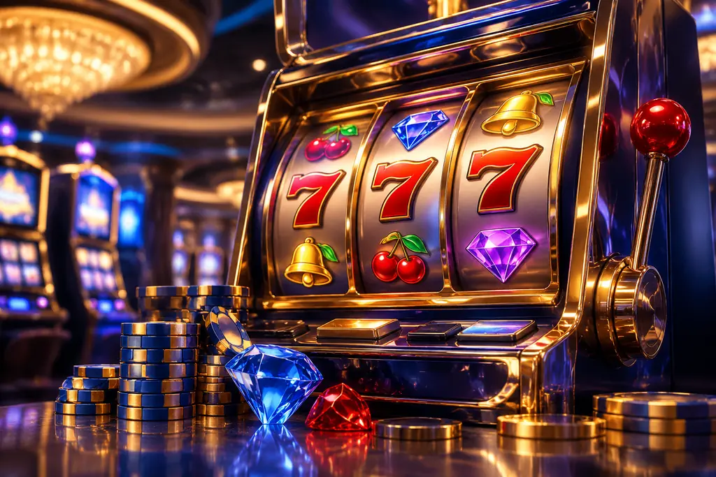 Mesin slot bertema batu permata di ruang kasino dengan cahaya biru dan emas